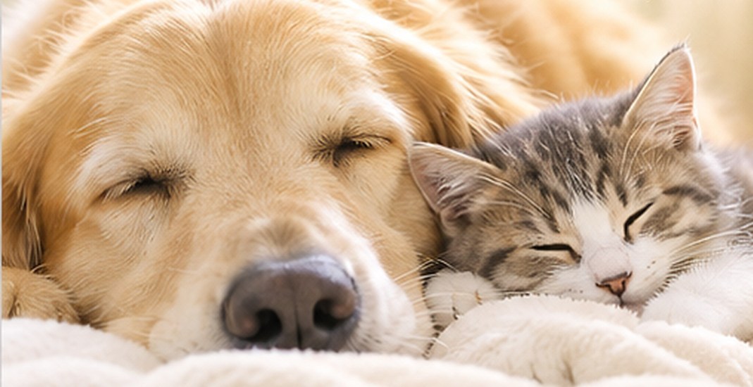 毛布の上で寄り添って眠る犬と猫
